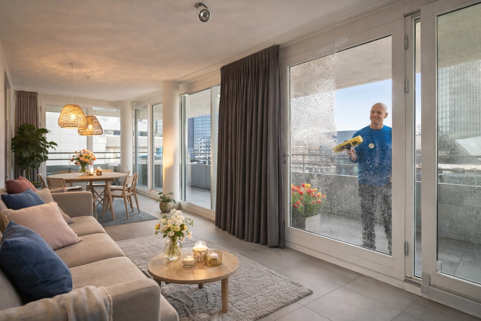 Remi van Glazenwasser Remi aan het werk in Amsterdam Noord. Overhoeks